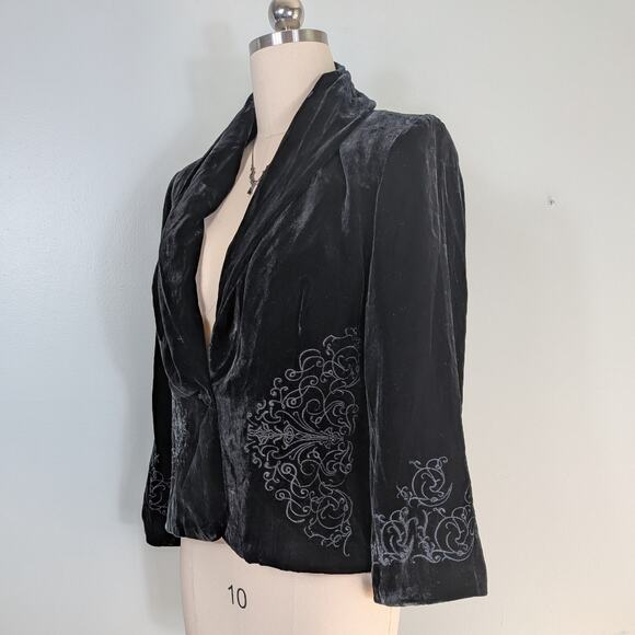 Velvet Silk Blend Blazer Jacket 10 Black Embroidery Bell Goth Whimsigoth Holiday - Picture 5 of 12